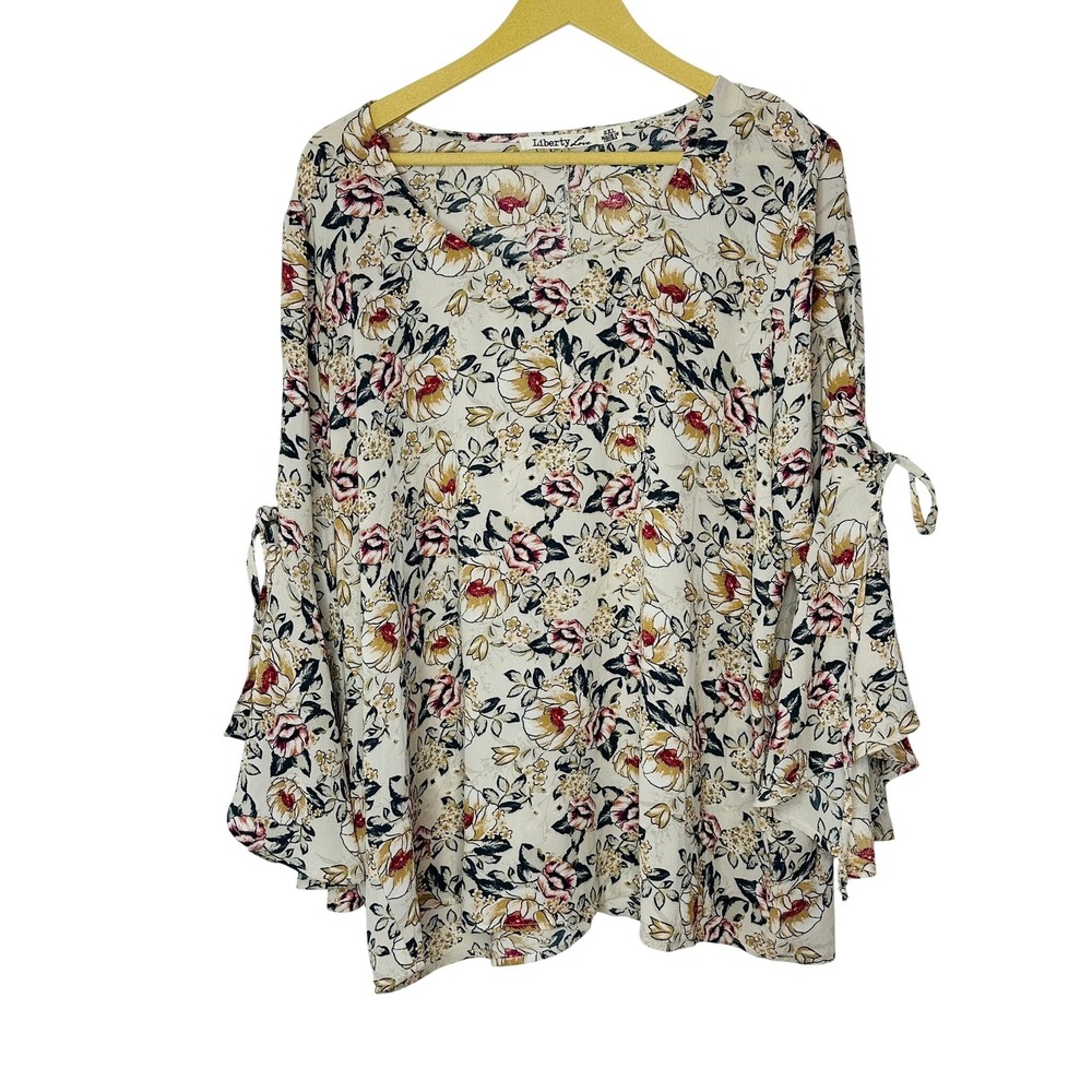 Liberty Love Floral Bell Sleeve Blouse Womens XXL Boho Flowy Lace up